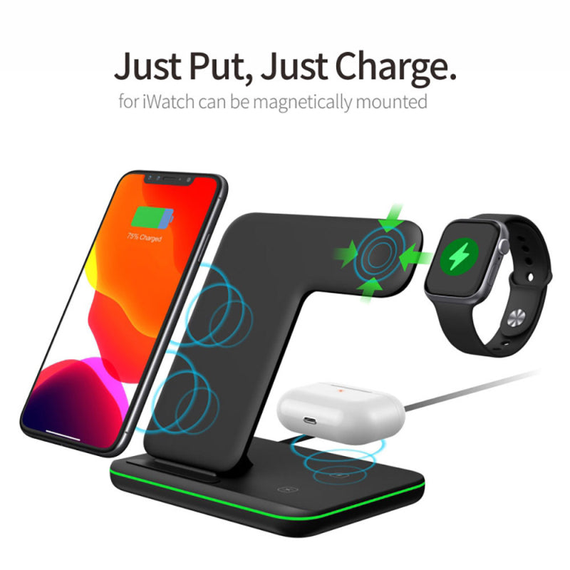 Z5A 3 in 1 15W Wireless Fast Charger Dock Station for iPhone 12 11 Pro Max iWatch Airpods - Black