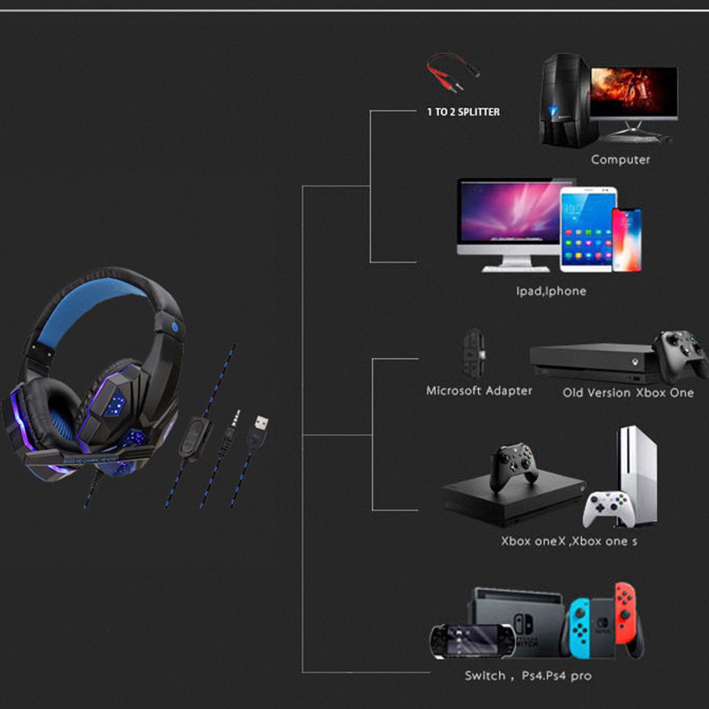 Wired Head-mounted Gaming Headset with Mic and LED Light Black Red