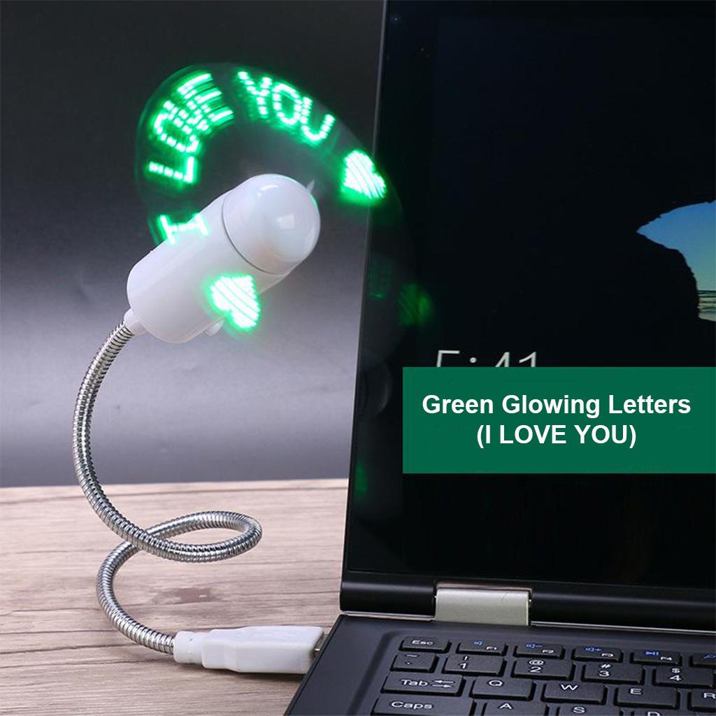 Mini Flexible Neck LED USB Fan Air Cooler Green Glowing Letters-I Love You