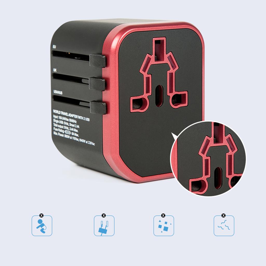 Universal All in One Travel Adapter Power Converter 2 USB Port Red