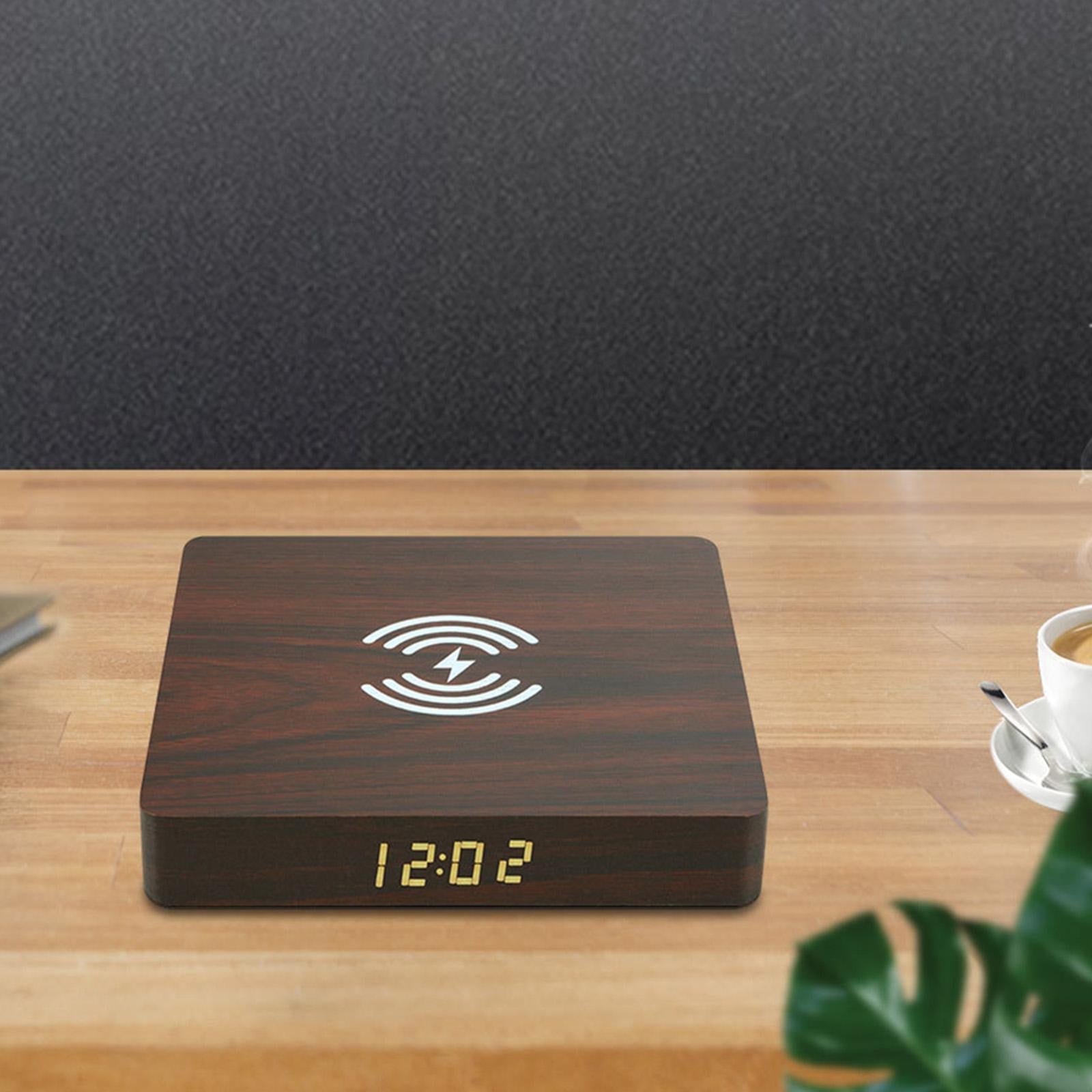 Qi Wireless Charger Station with Alarm Clock for Bedroom Travel Wood