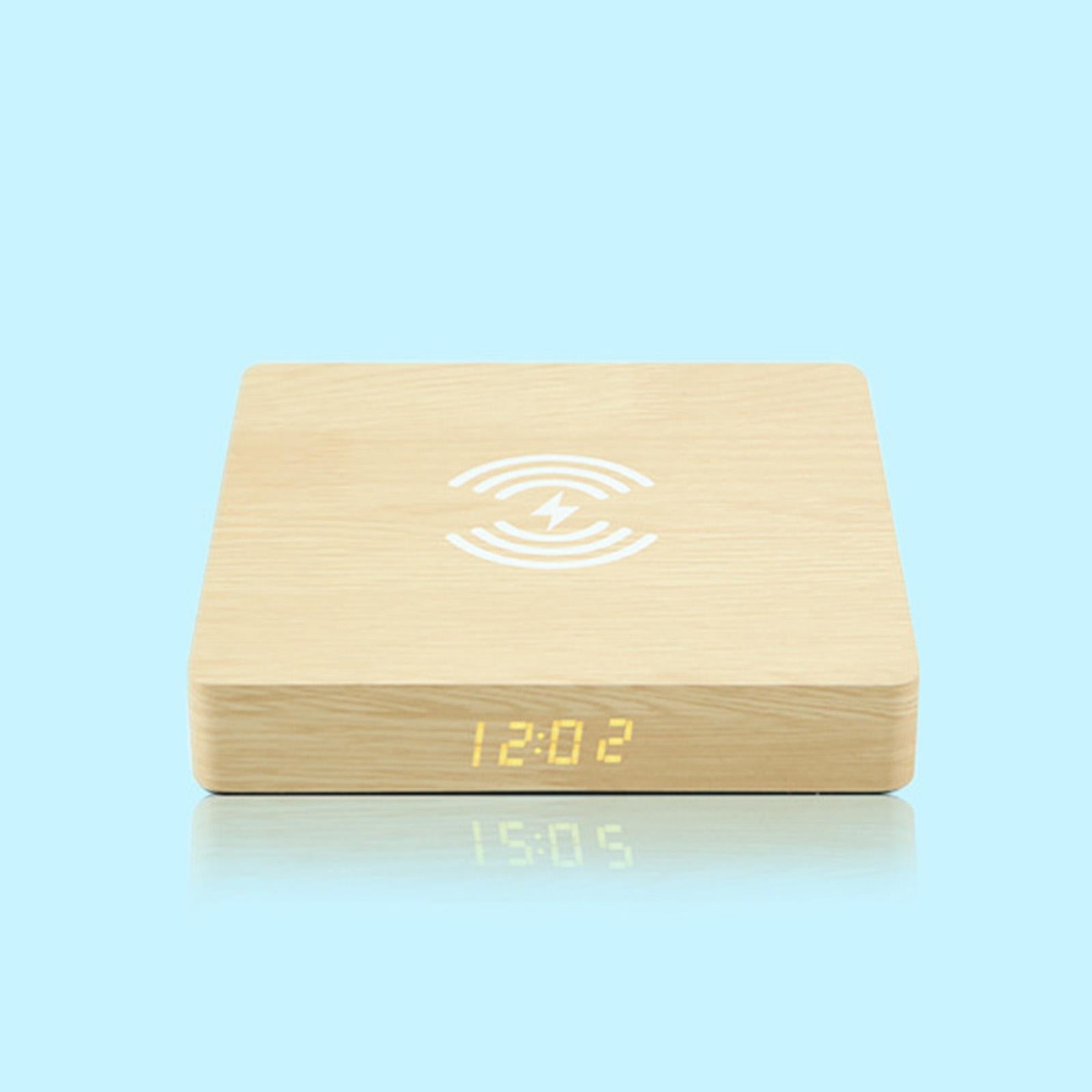 Qi Wireless Charger Station with Alarm Clock for Bedroom Travel Wood