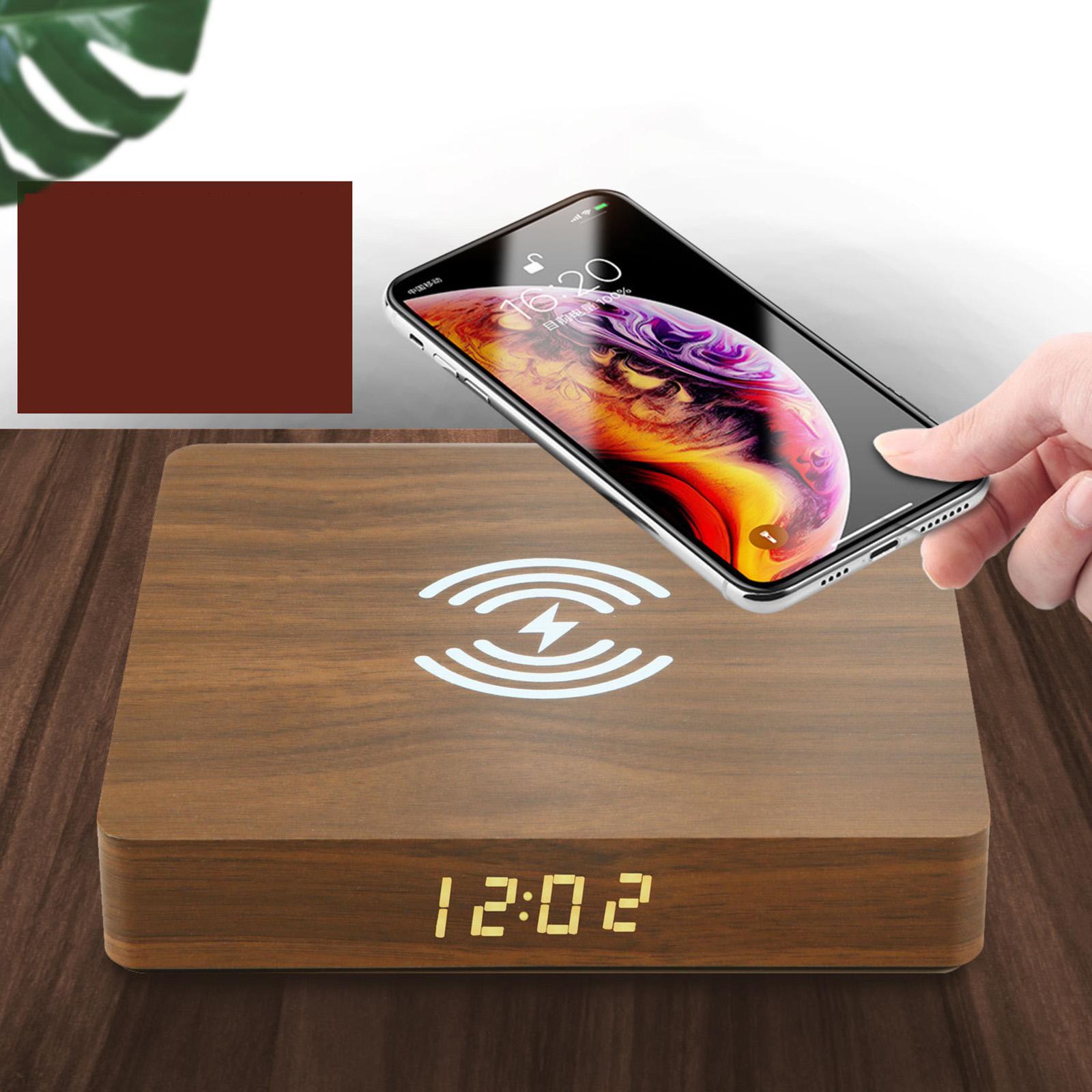 Qi Wireless Charger Station with Alarm Clock for Bedroom Travel Wood