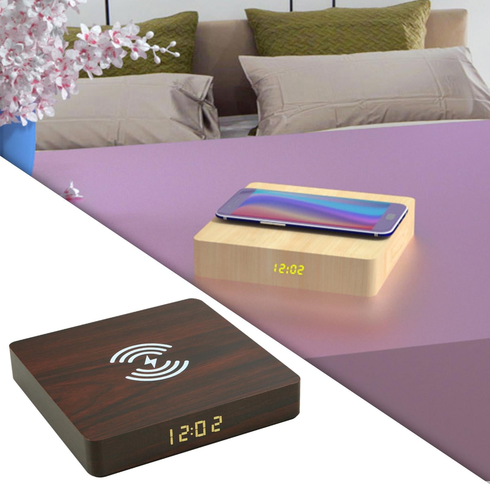 Qi Wireless Charger Station with Alarm Clock for Bedroom Travel Dark Brown