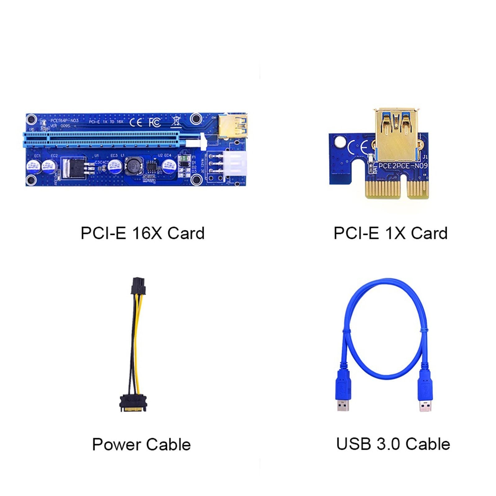 VER009S PCI-E Riser Card Adapter PCIE 1X 16X USB 3.0 60CM Cable SATA Power