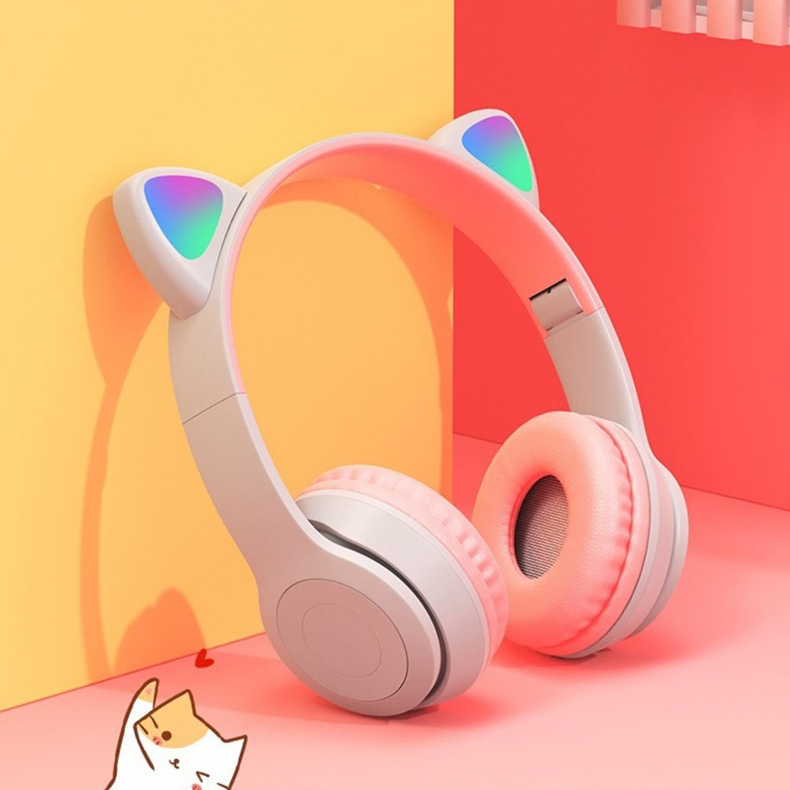 Cat Ear Wireless Headset LED Light Surround Sound for Laptop gray