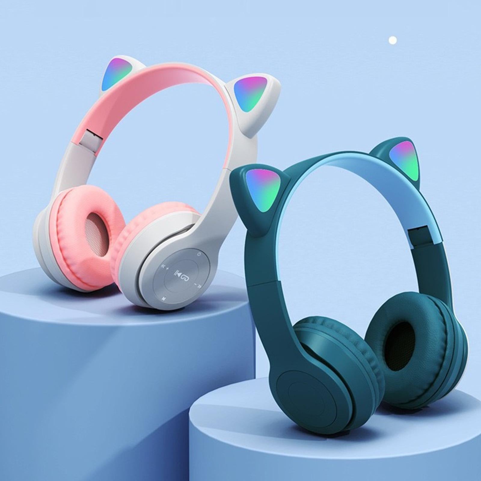 Cat Ear Wireless Headset LED Light Surround Sound for Laptop gray