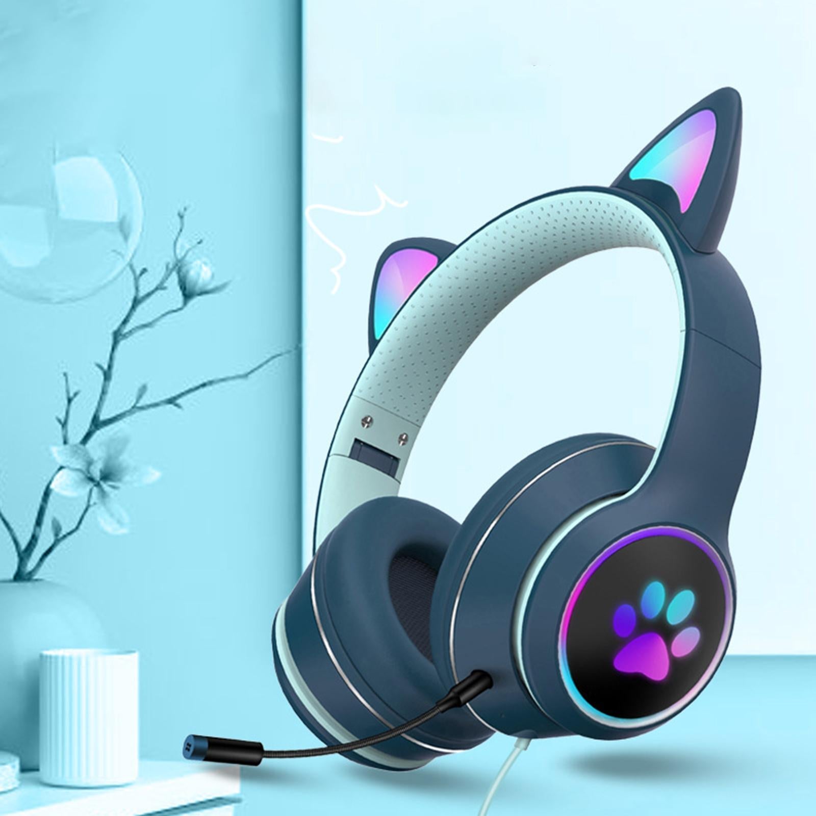 Cat Ear Wired Over-Head Headset RGB Light for PC Noise Reduction Pink