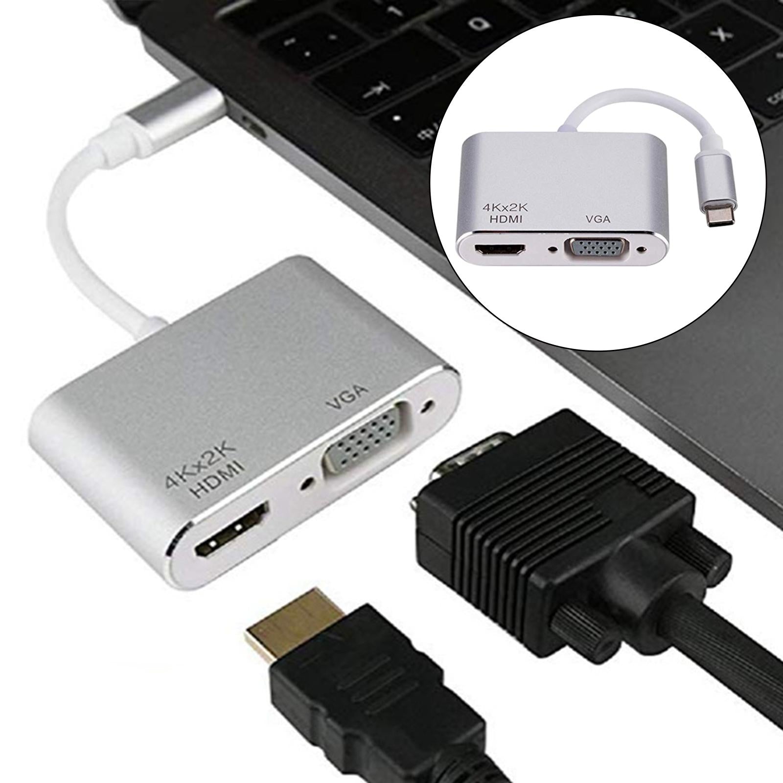 2 in 1 USB C to HDMI & VGA Adapter Plug and Play for HDTV Desktop Monitor SIliver Shell