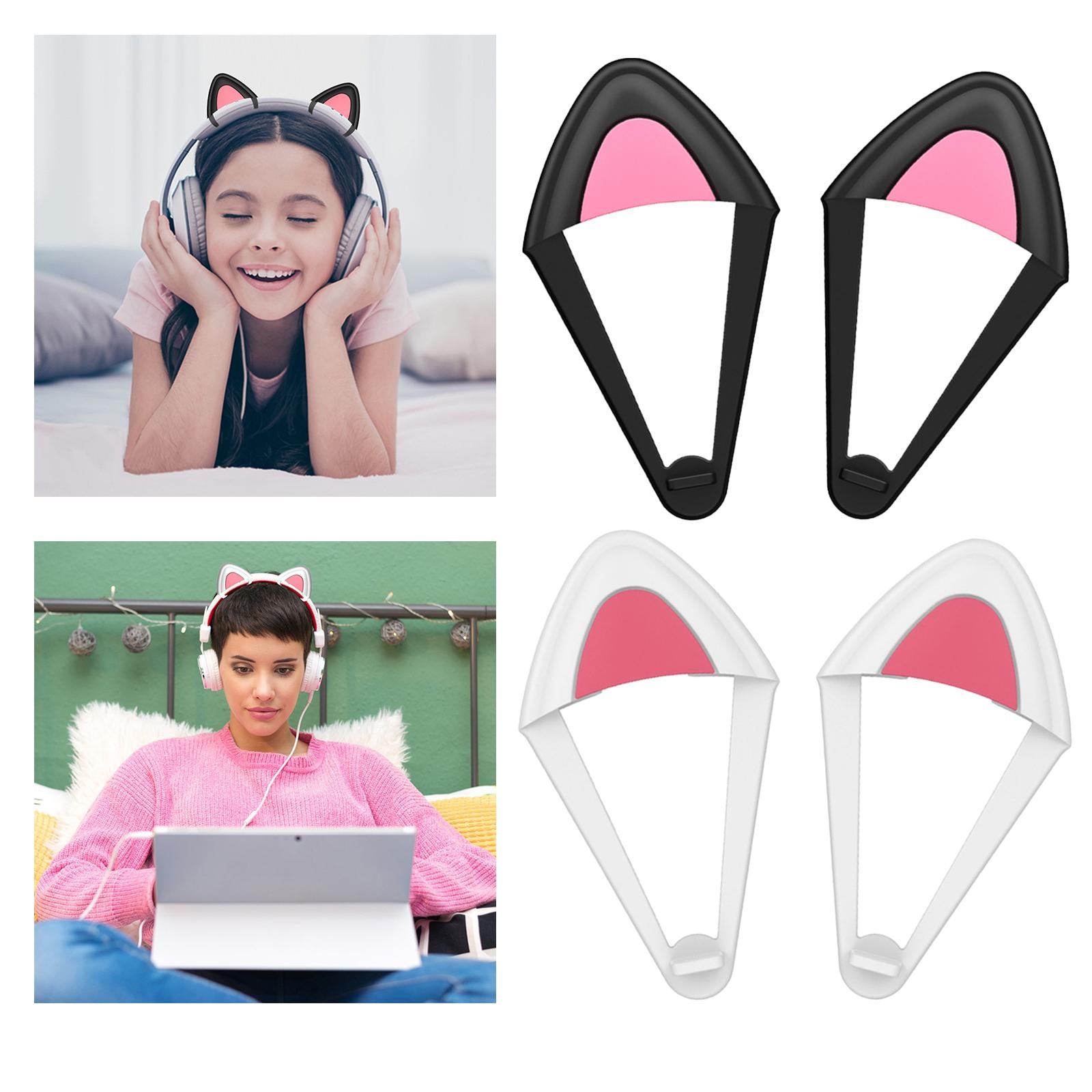 2Pcs Cat Ears Attachment Silicone Cute for Gaming Headphones Black Pink