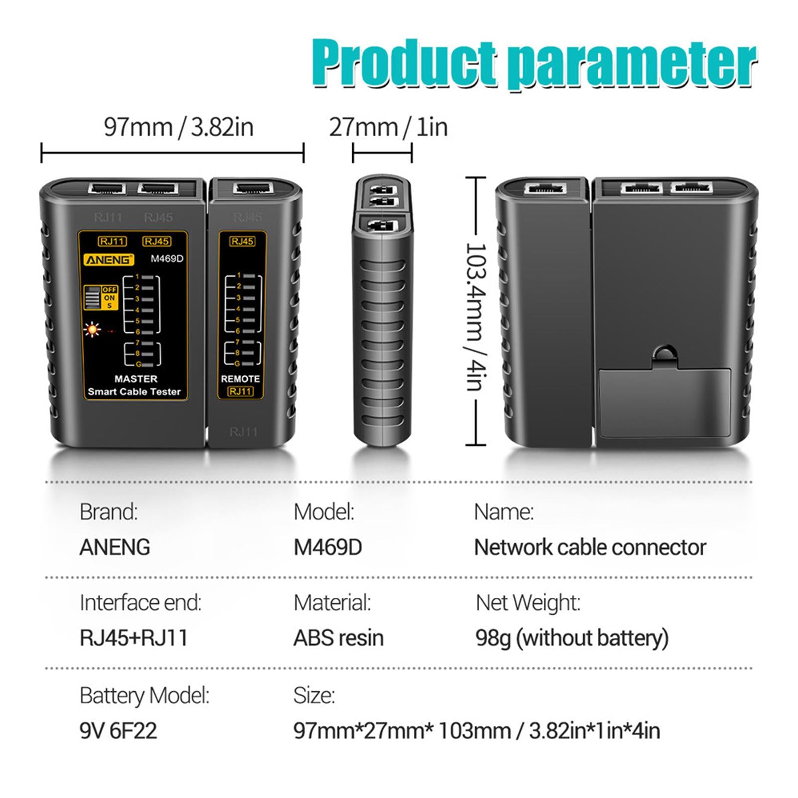 Ethernet Cable Tester Network Testing Tool Cat5 Cat5E Cat6 for Network Black