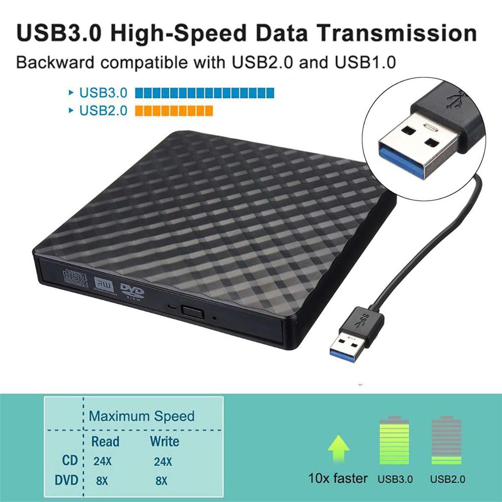 External USB 3.0 High-speed Slim DVD Burner Optical Drive for Desktop Black