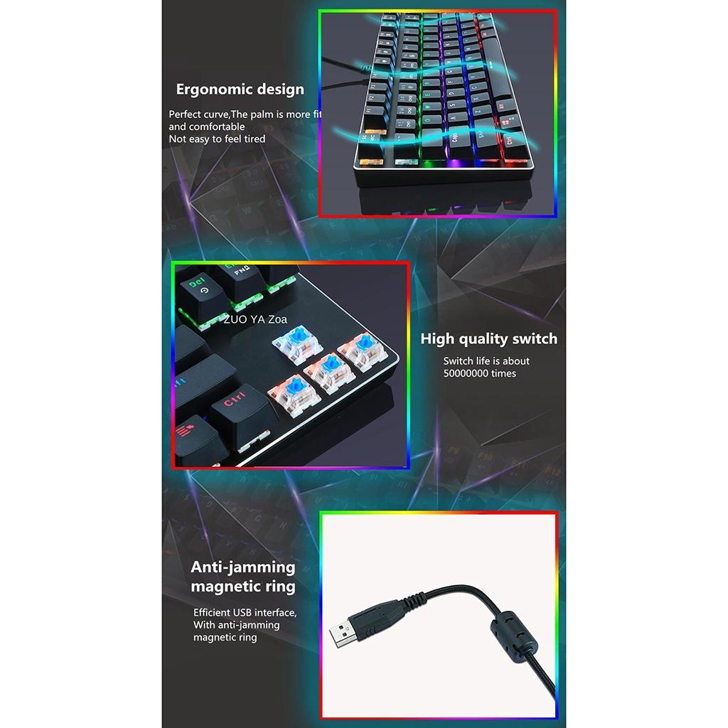 ZUOYA Gaming Mechanical Keyboard Wired Backlit 87Key Black Switch RGB