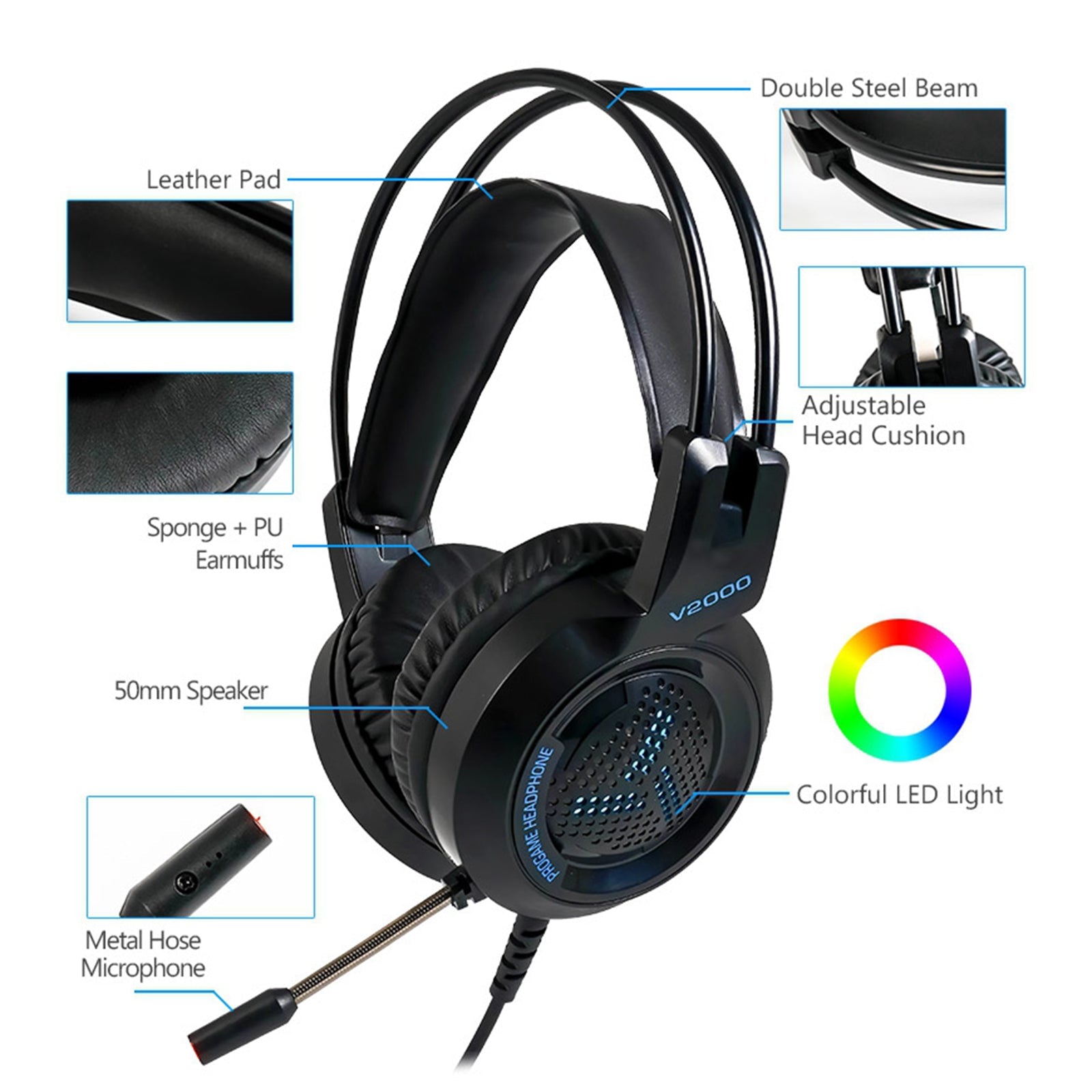 LED Colorful Over Ear Gaming Headset Earpiece for Gamer Black with USB