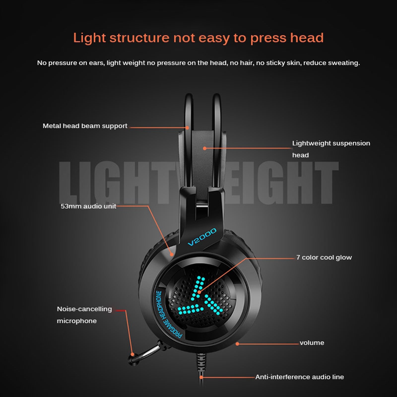 LED Colorful Over Ear Gaming Headset Earpiece for Gamer Black with USB