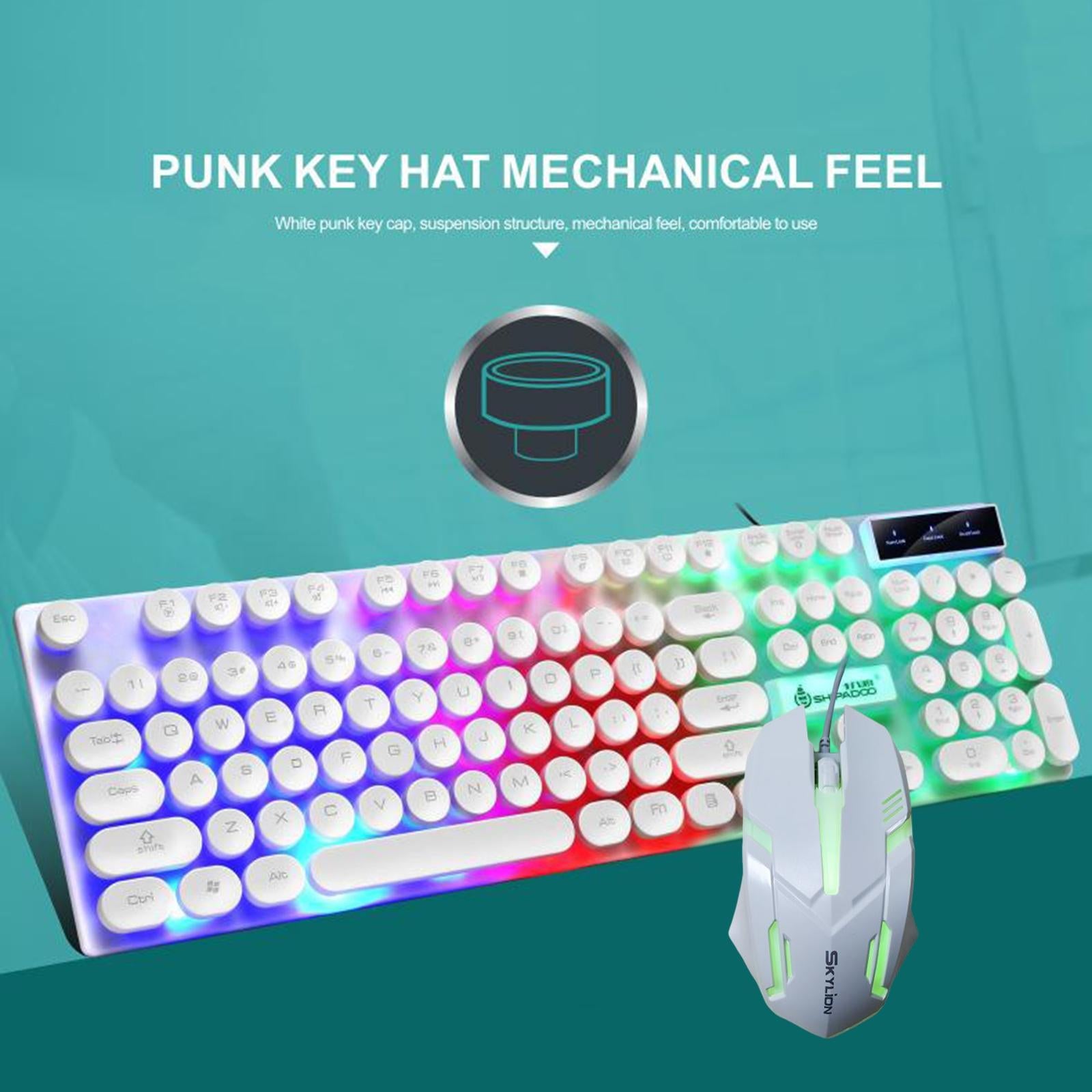 USB Wired RGB Rainbow LED Backlit Gamer Mouse and Keyboard Set White