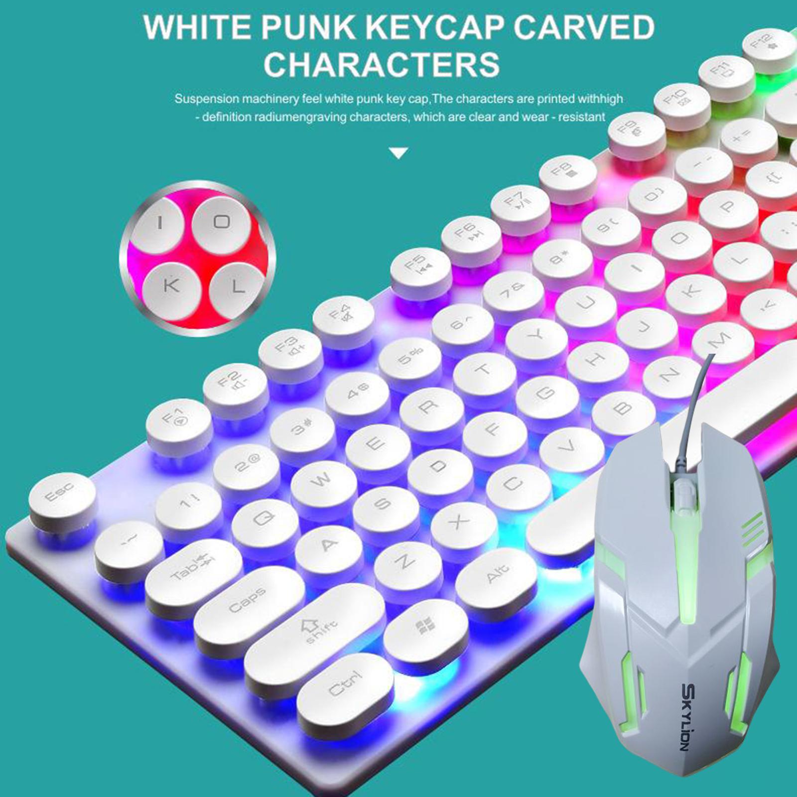 USB Wired RGB Rainbow LED Backlit Gamer Mouse and Keyboard Set White