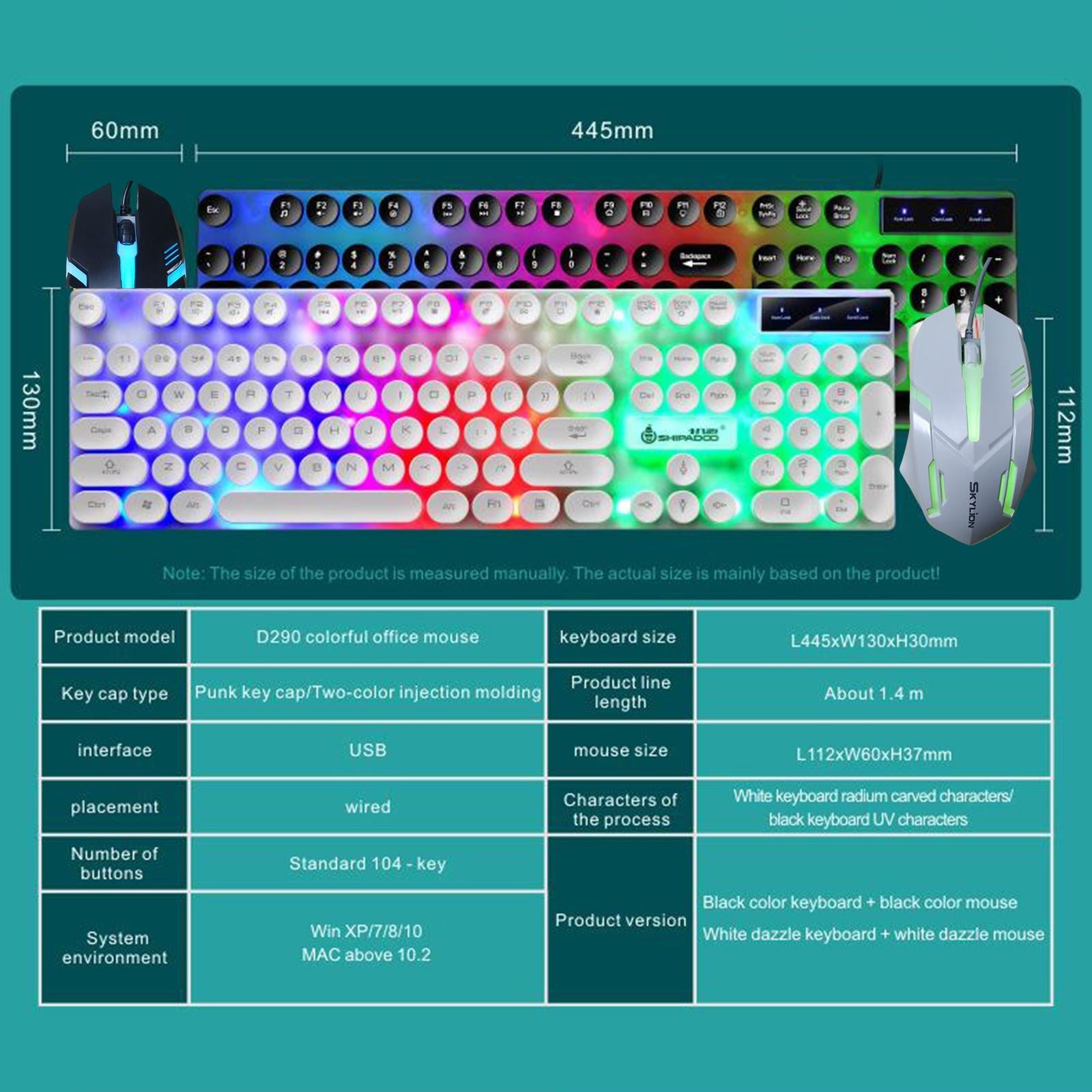 USB Wired RGB Rainbow LED Backlit Gamer Mouse and Keyboard Set White