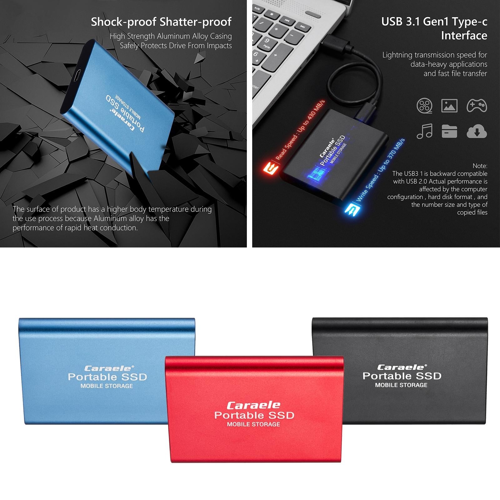 USB 3.1 Solid State Drive External Hard Drive SSD Compatible for Desktop PS4 black