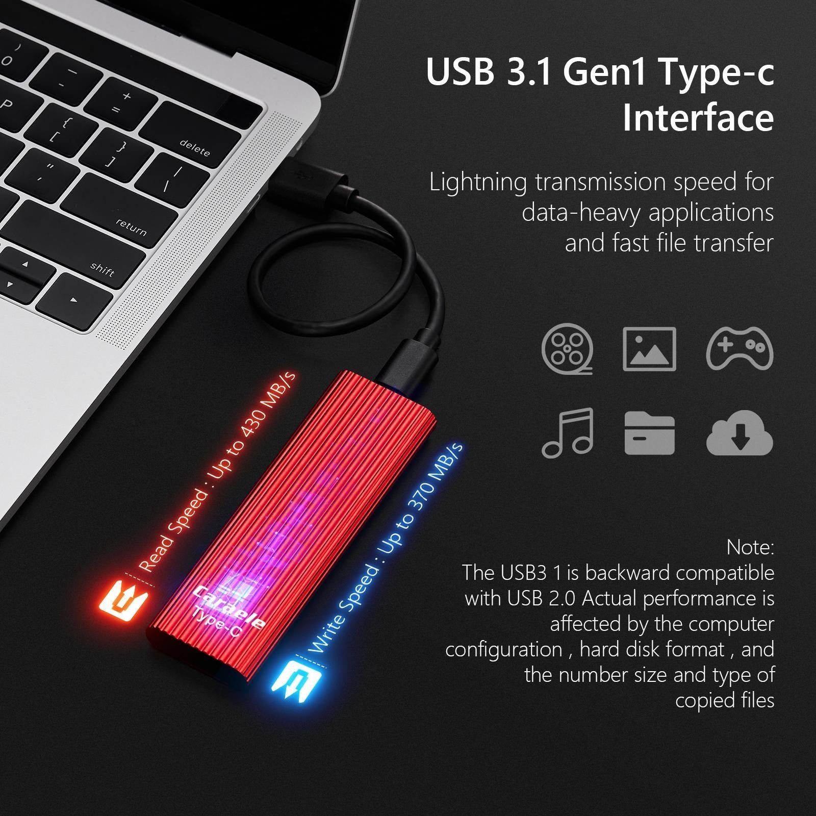 500GB SSD External Portable Storage USB 3.1 Gen-1 USB-C Compatible red