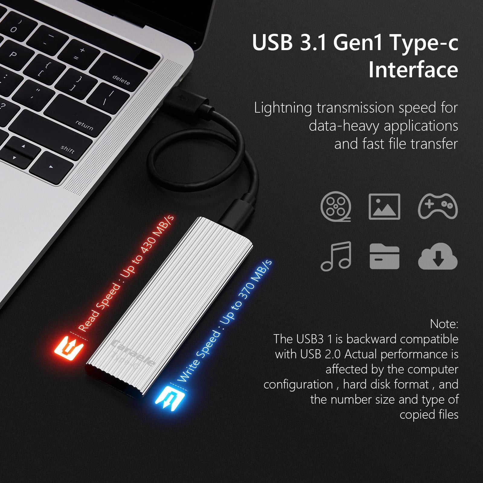 500GB SSD External Portable Storage USB 3.1 Gen-1 USB-C Compatible silver