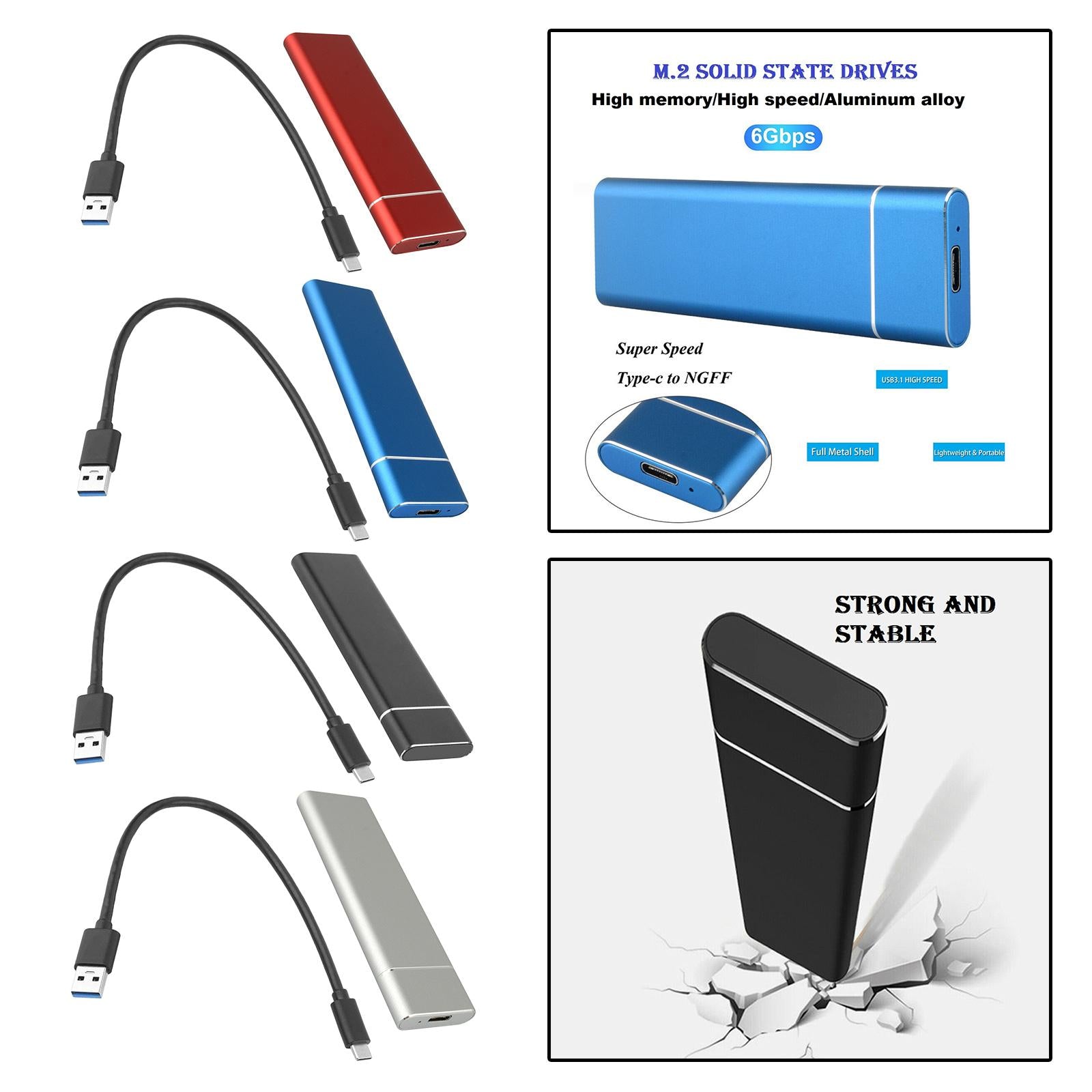 USB-C 2TB M.2 NGFF SSD USB 3.1 Gen 1 6Gbps External Solid State Drive black