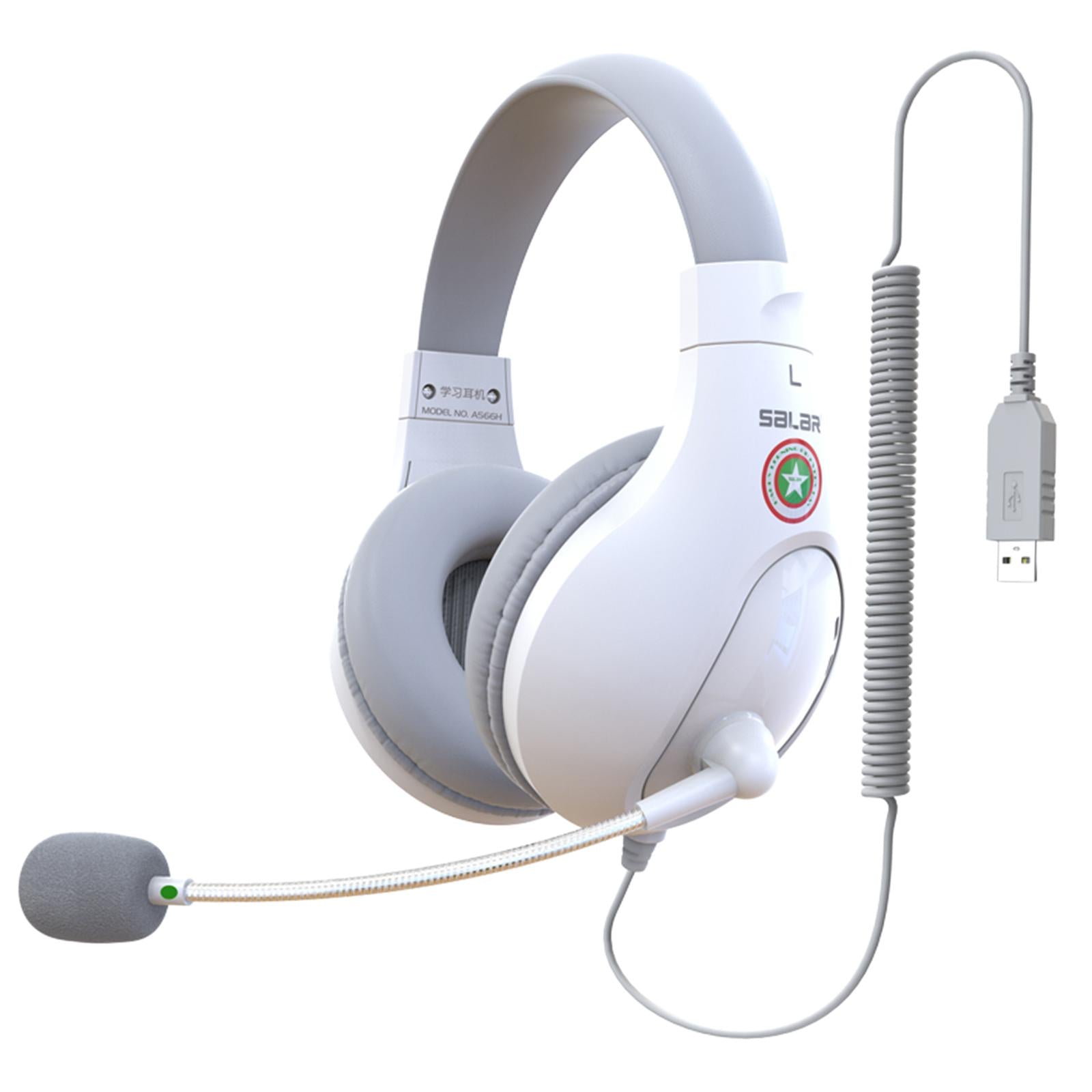 Student Headphones with Micophone Adjustable Comfortable Headset for School A566H White USB