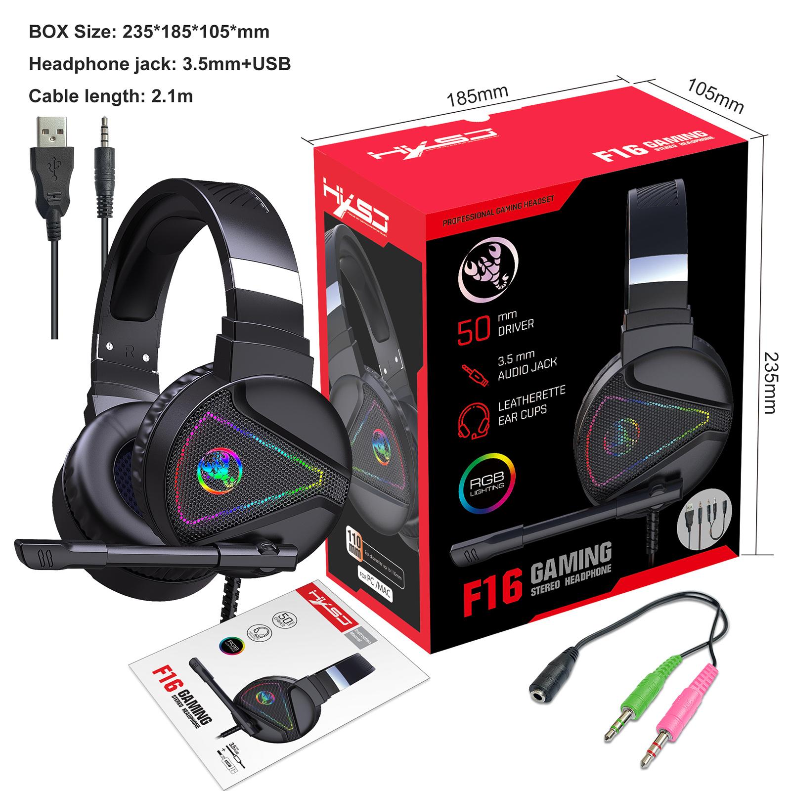 F16 3.5mm Wired Gaming Headset RGB Surround w/ Mic Headphones For PC Laptop