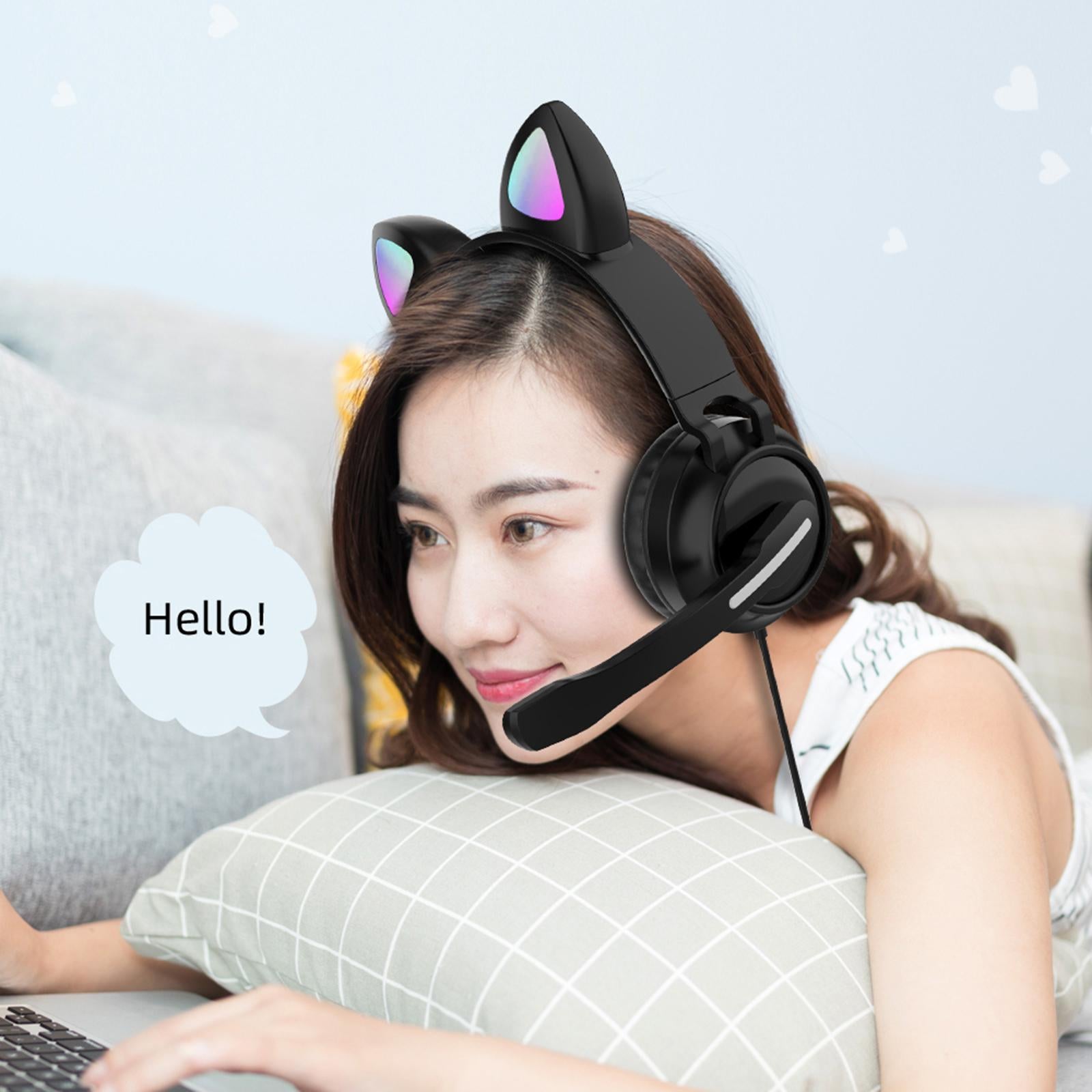 LED Cat EarHeadphonesWired Foldable Over Ear Headset Cute Girl Kid White