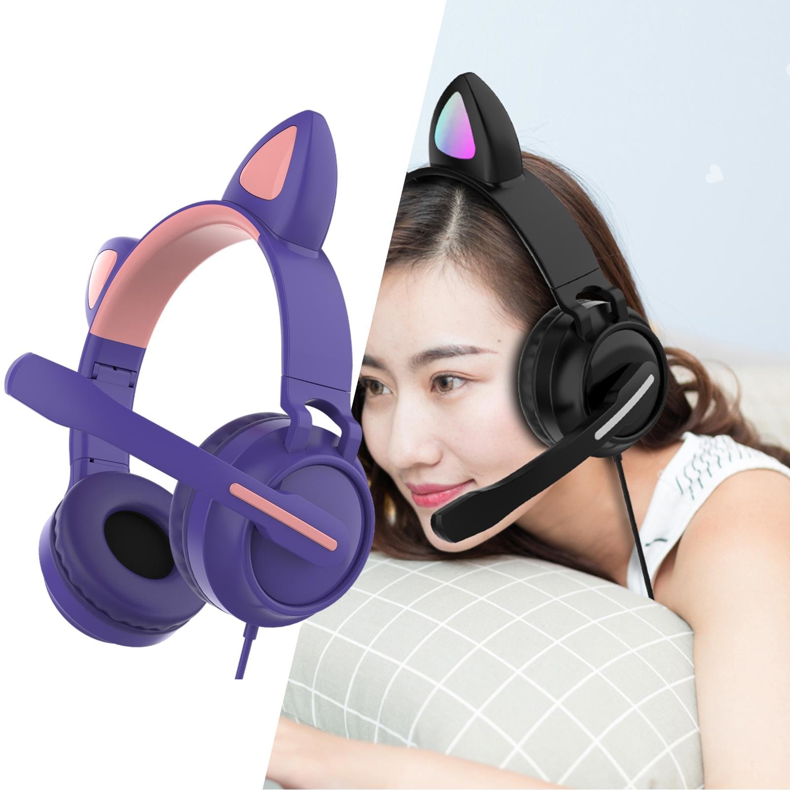 LED Cat EarHeadphonesWired Foldable Over Ear Headset Cute Girl Kid Purple