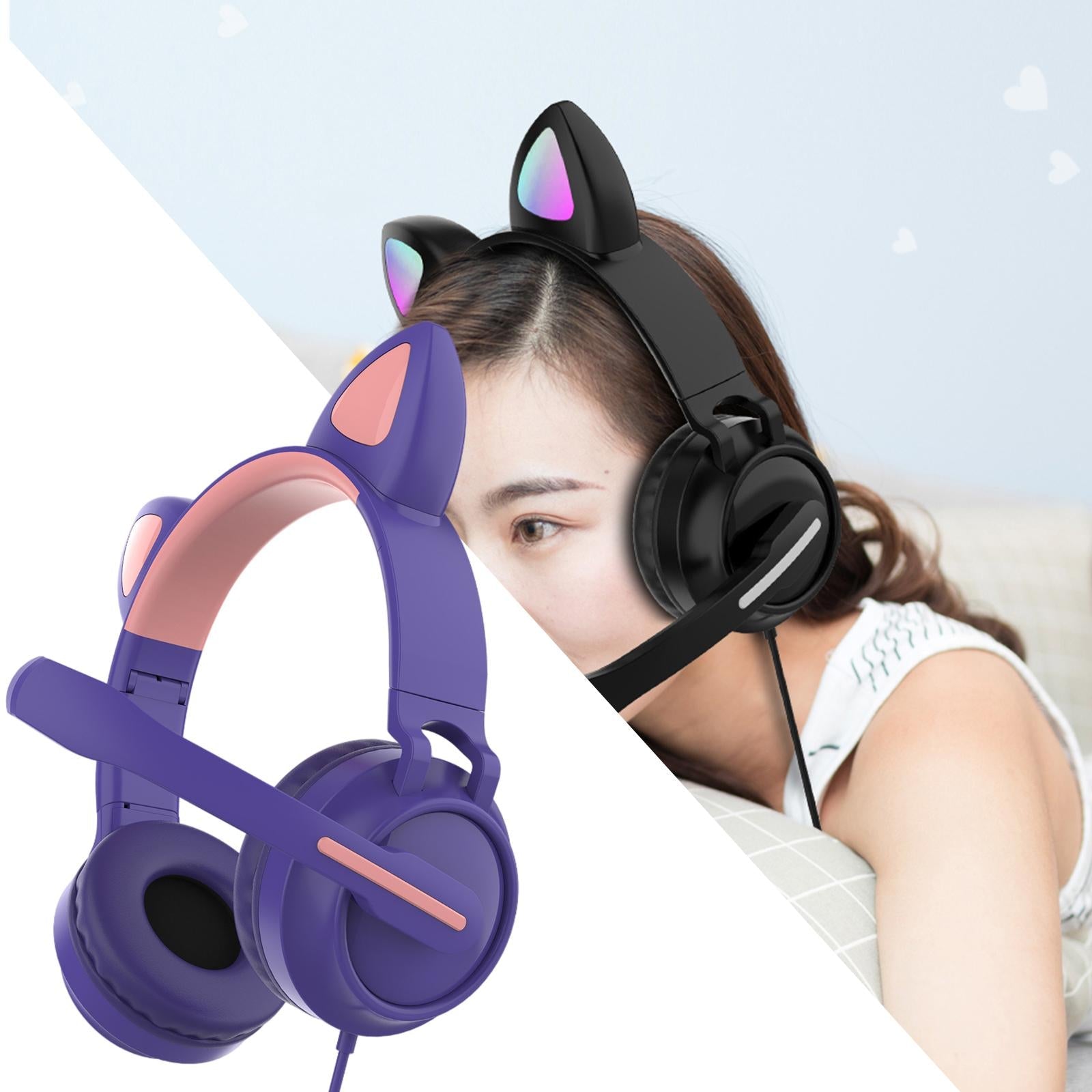 LED Cat EarHeadphonesWired Foldable Over Ear Headset Cute Girl Kid Purple