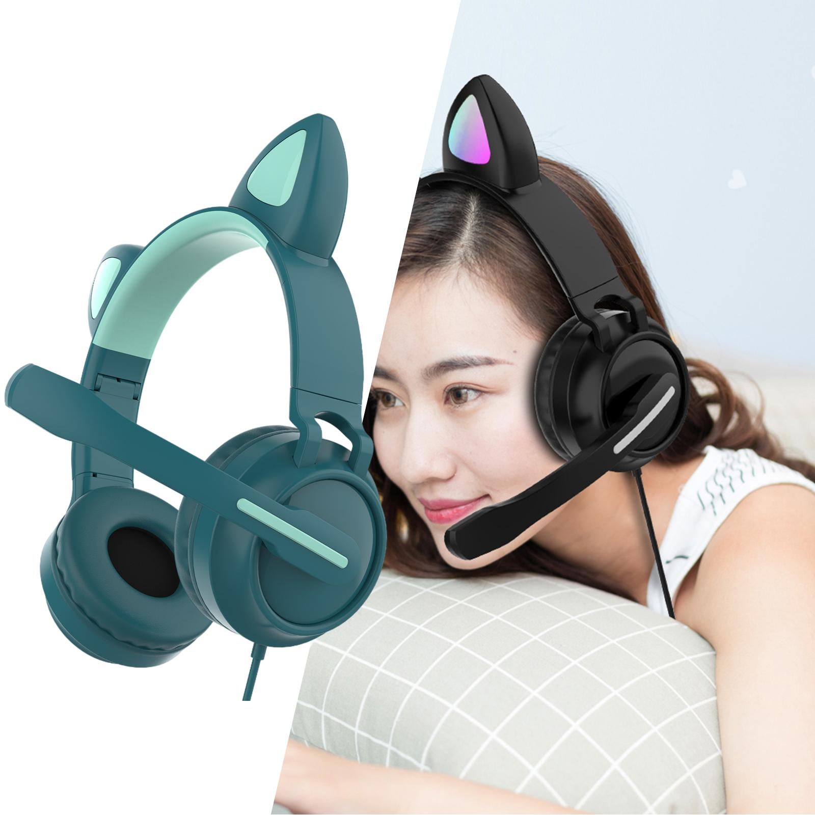 LED Cat EarHeadphonesWired Foldable Over Ear Headset Cute Girl Kid Green