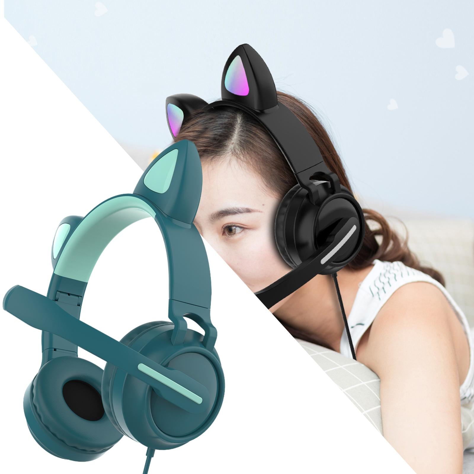 LED Cat EarHeadphonesWired Foldable Over Ear Headset Cute Girl Kid Green