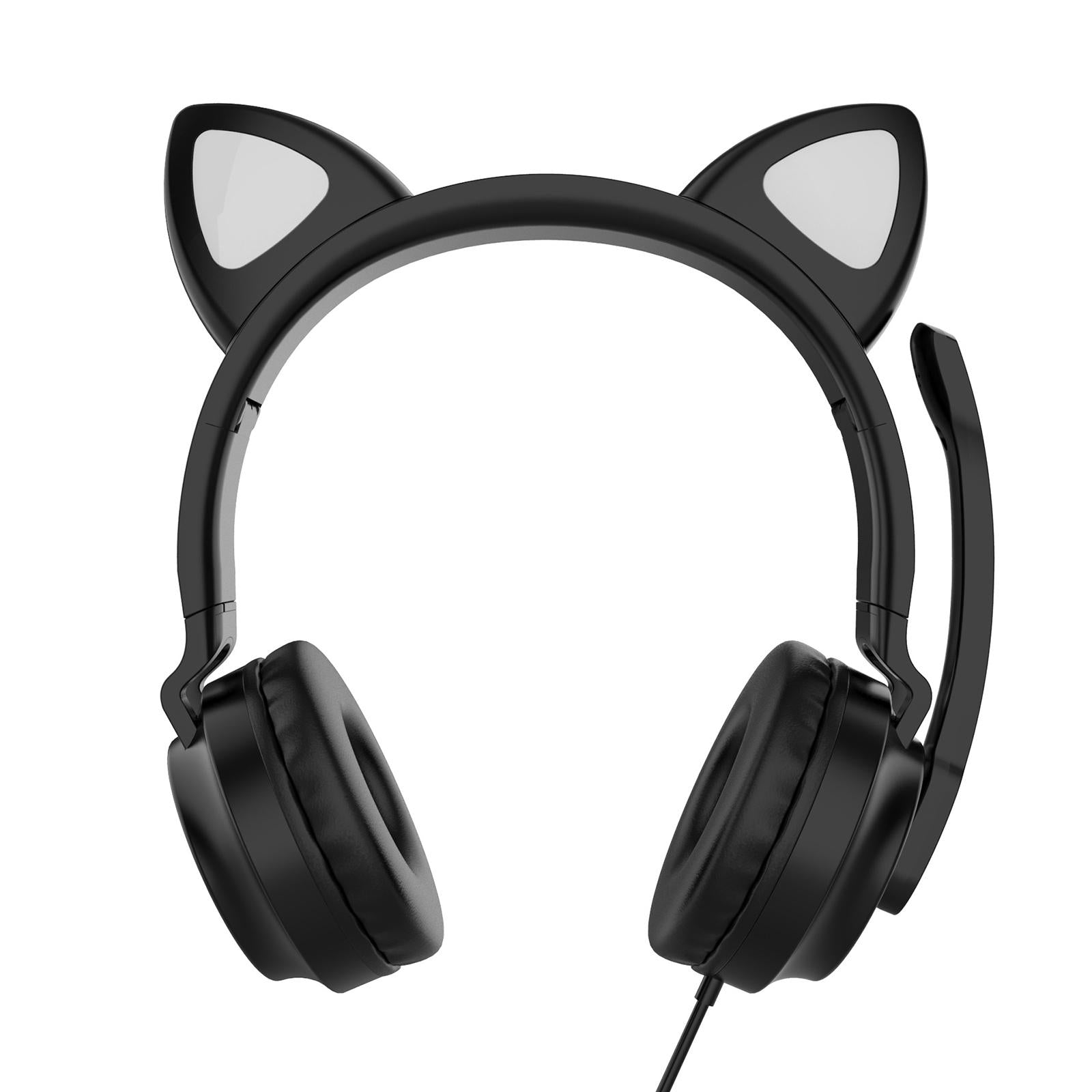 LED Cat EarHeadphonesWired Foldable Over Ear Headset Cute Girl Kid Black