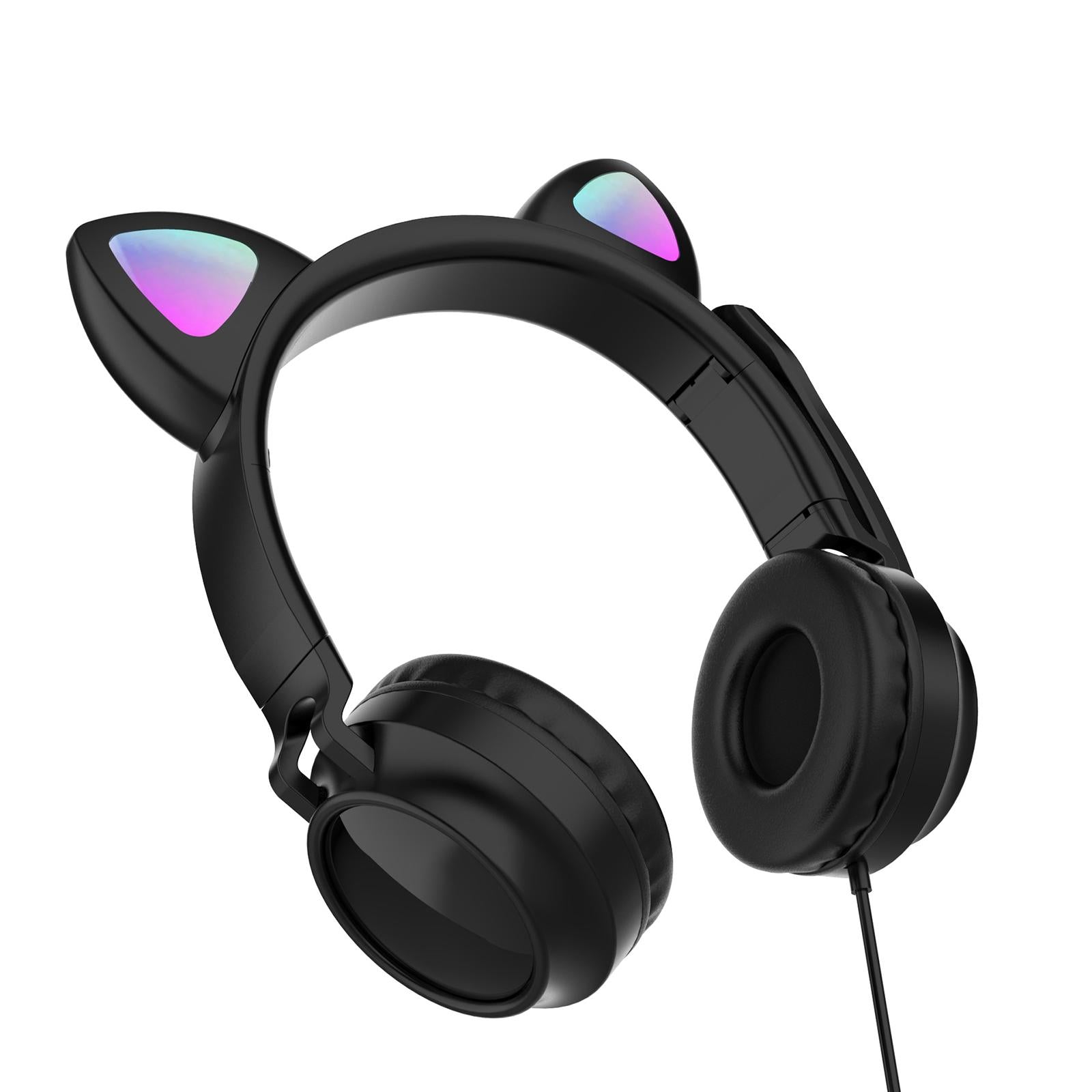 LED Cat EarHeadphonesWired Foldable Over Ear Headset Cute Girl Kid Black