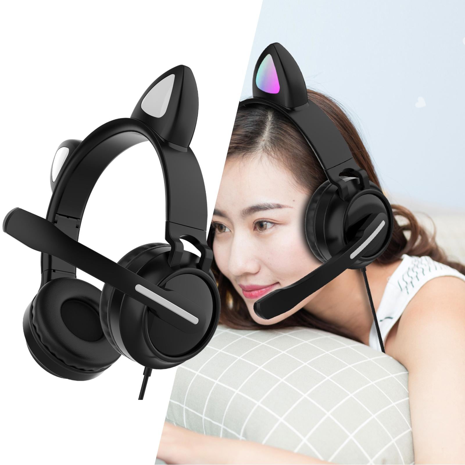 LED Cat EarHeadphonesWired Foldable Over Ear Headset Cute Girl Kid Black