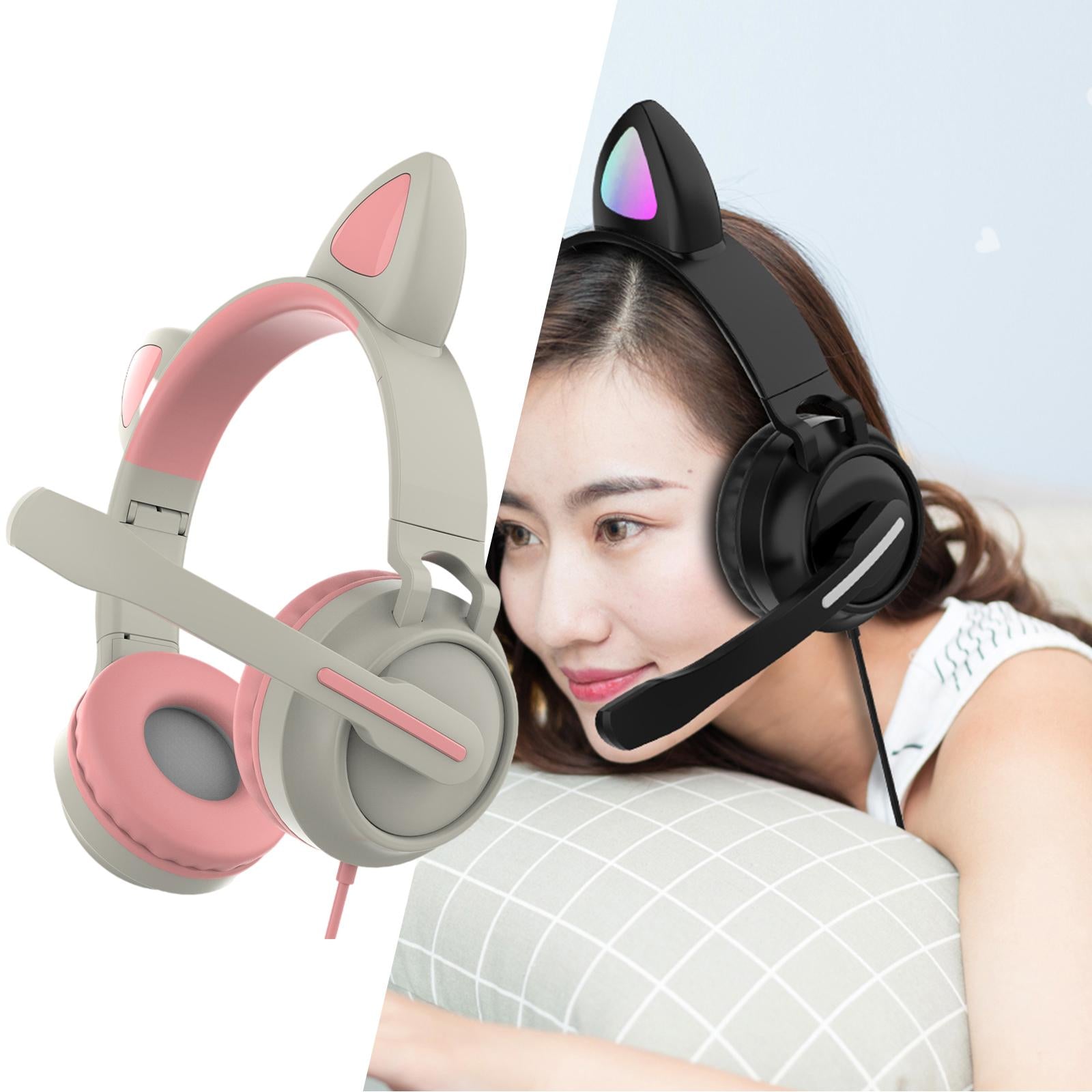 LED Cat EarHeadphonesWired Foldable Over Ear Headset Cute Girl Kid Pink