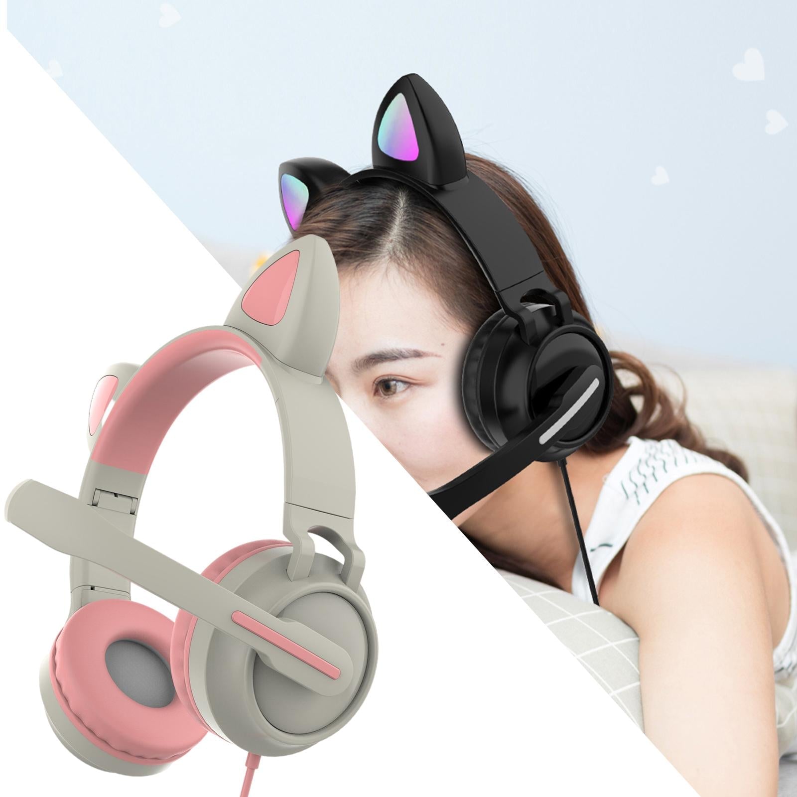 LED Cat EarHeadphonesWired Foldable Over Ear Headset Cute Girl Kid Pink