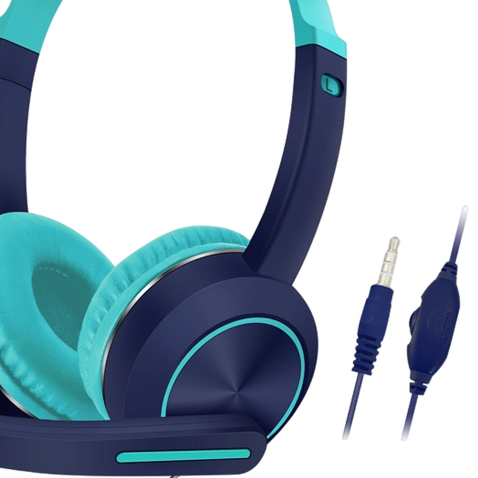 Wired Cat Ear Headset HiFi with Mic for Video Game Music PC Cyan and Blue