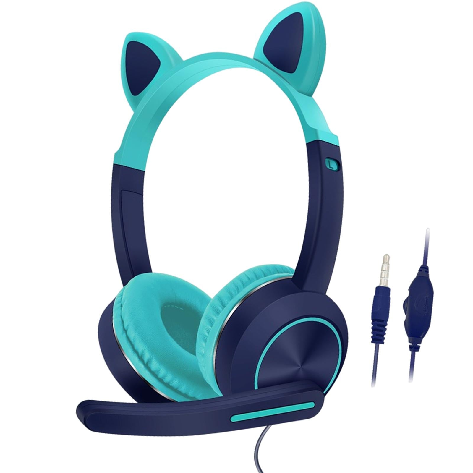 Wired Cat Ear Headset HiFi with Mic for Video Game Music PC Cyan and Blue