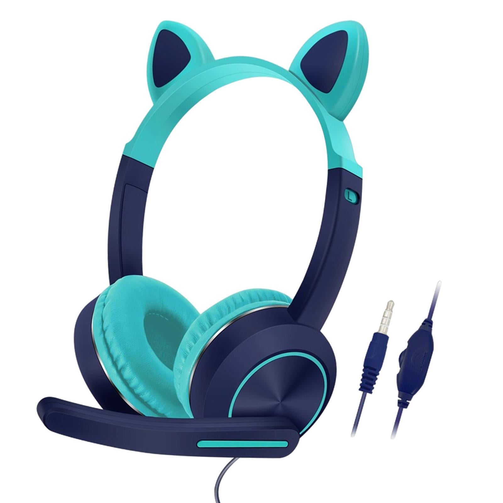 Wired Cat Ear Headset HiFi with Mic for Video Game Music PC Cyan and Blue