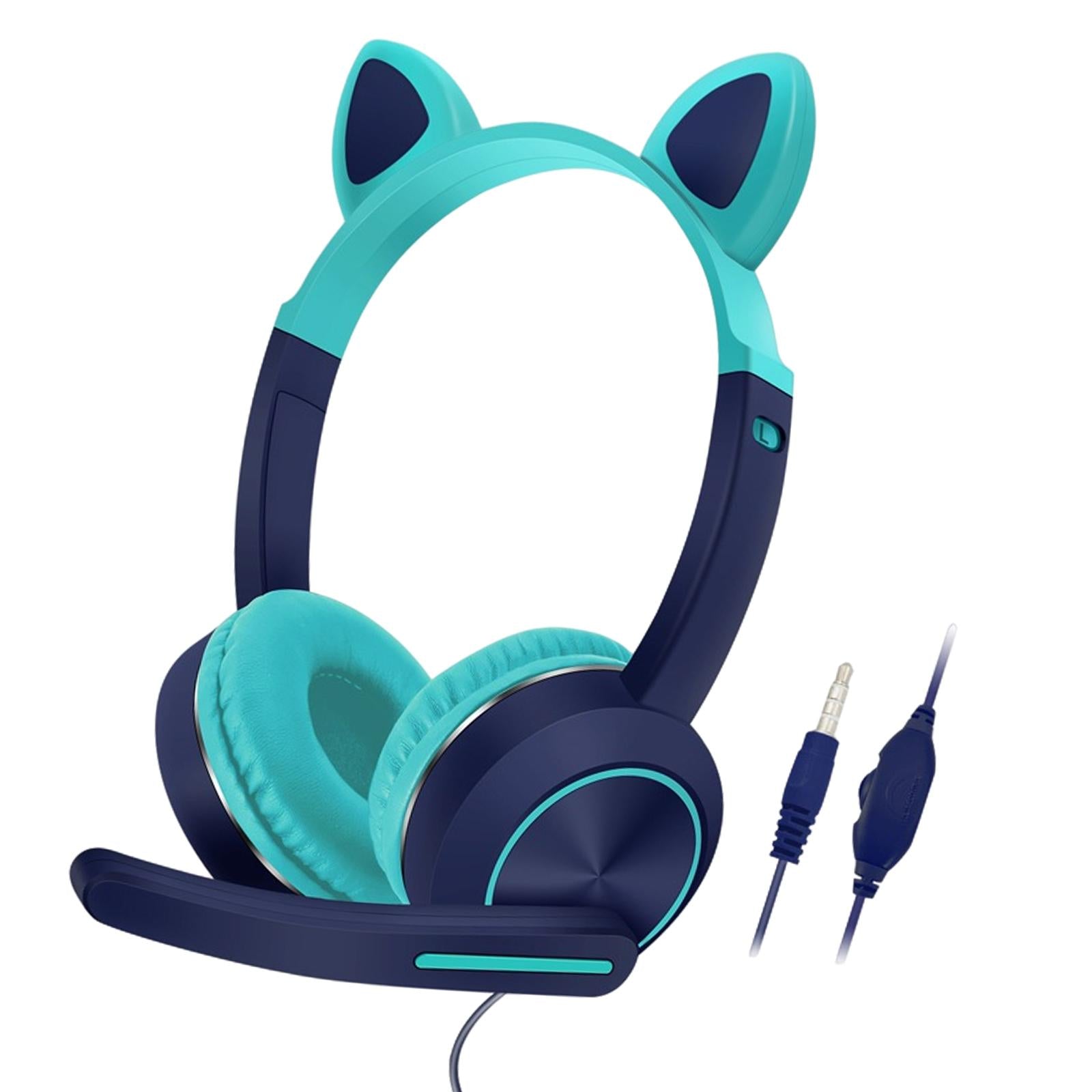 Wired Cat Ear Headset HiFi with Mic for Video Game Music PC Cyan and Blue