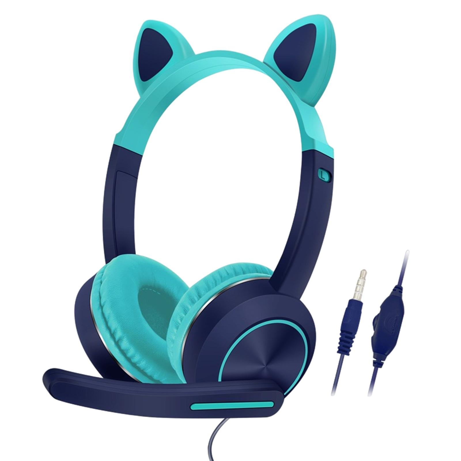 Wired Cat Ear Headset HiFi with Mic for Video Game Music PC Cyan and Blue