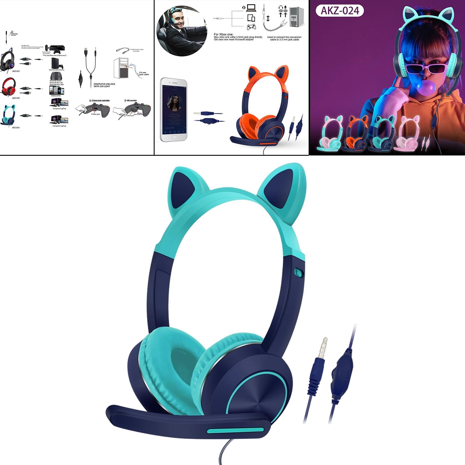 Wired Cat Ear Headset HiFi with Mic for Video Game Music PC Cyan and Blue