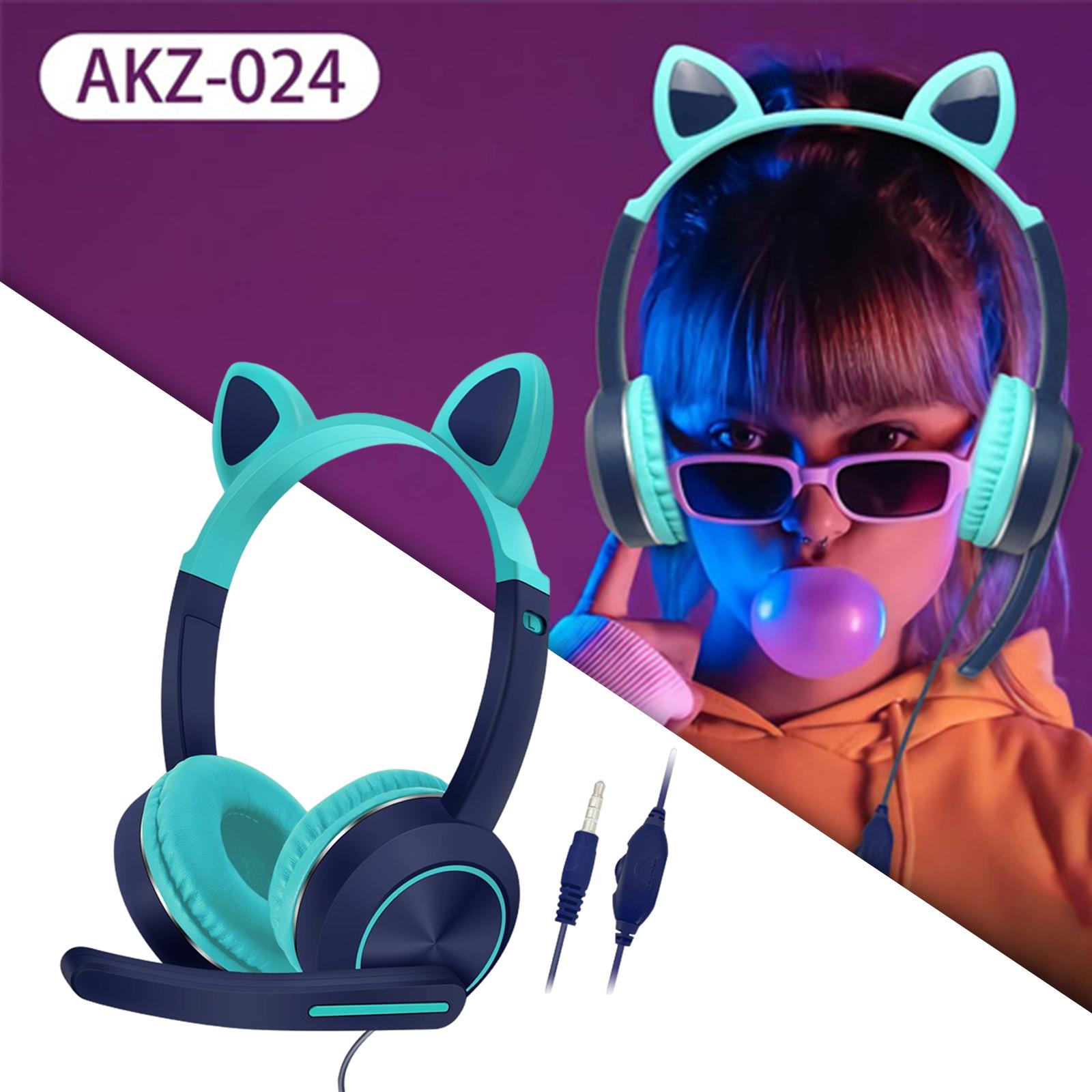 Wired Cat Ear Headset HiFi with Mic for Video Game Music PC Cyan and Blue