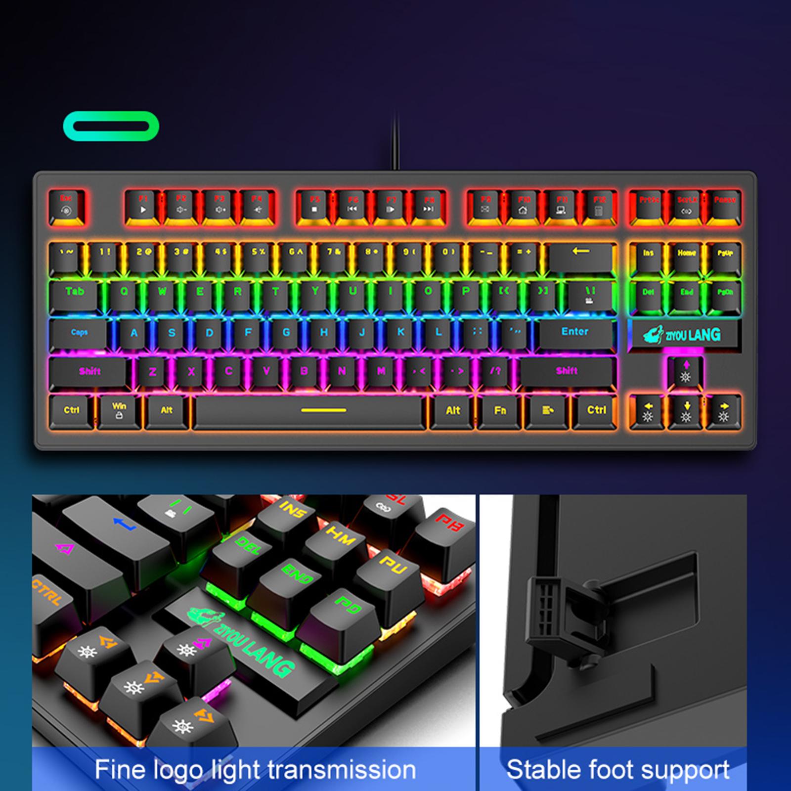 Wired Mechanical Gaming Keyboard Rainbow Backlit Windows Gamer 87 keys black