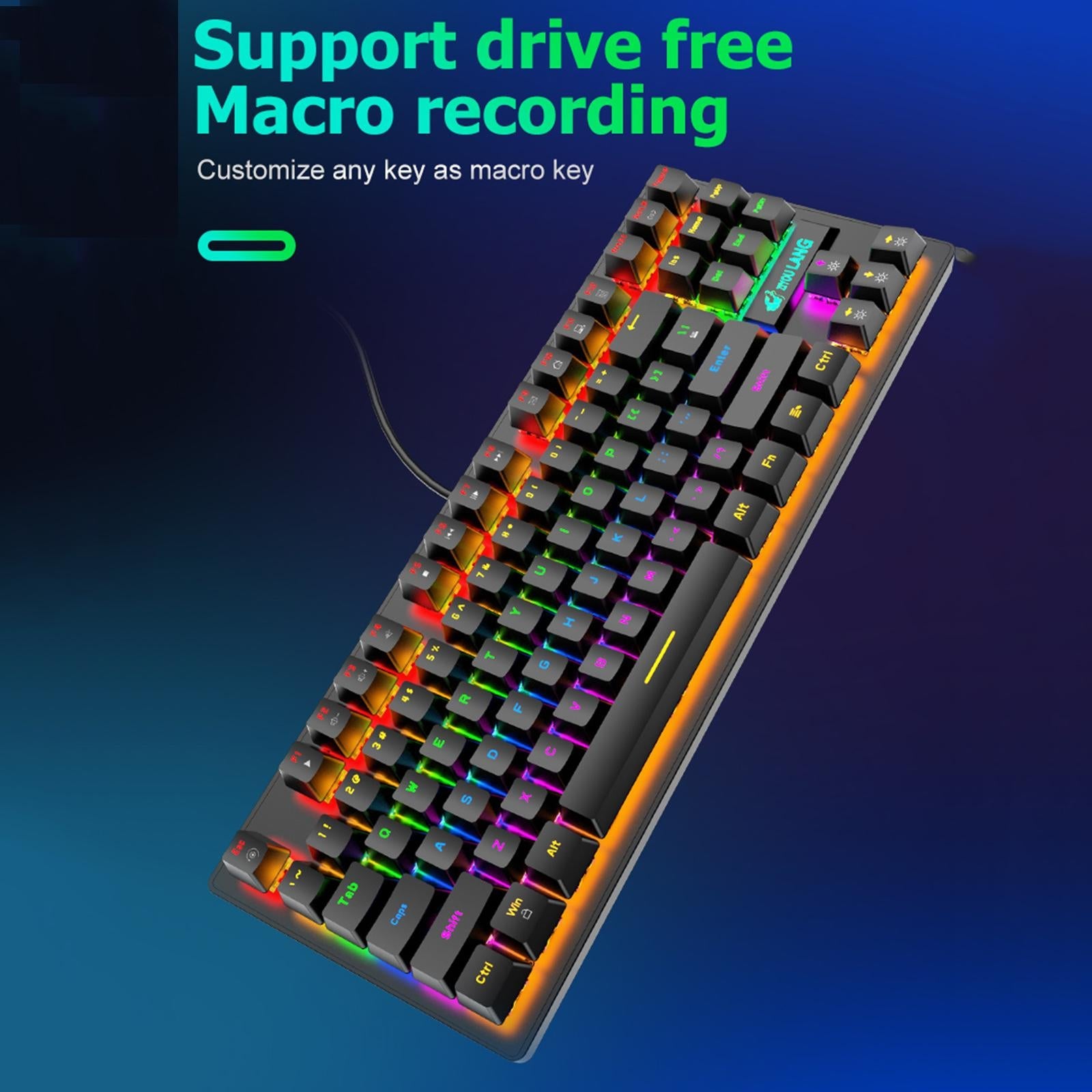 Wired Mechanical Gaming Keyboard Rainbow Backlit Windows Gamer 87 keys black