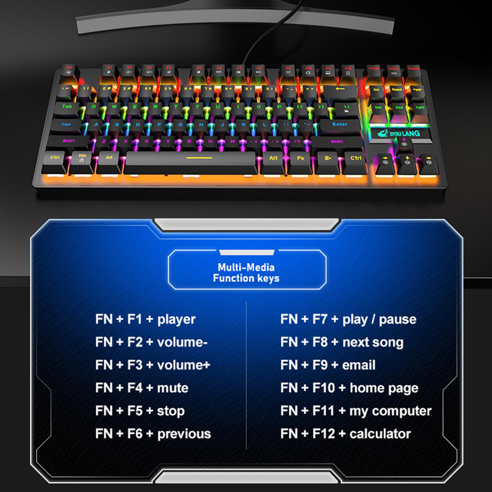 Wired Mechanical Gaming Keyboard Rainbow Backlit Windows Gamer 87 keys black