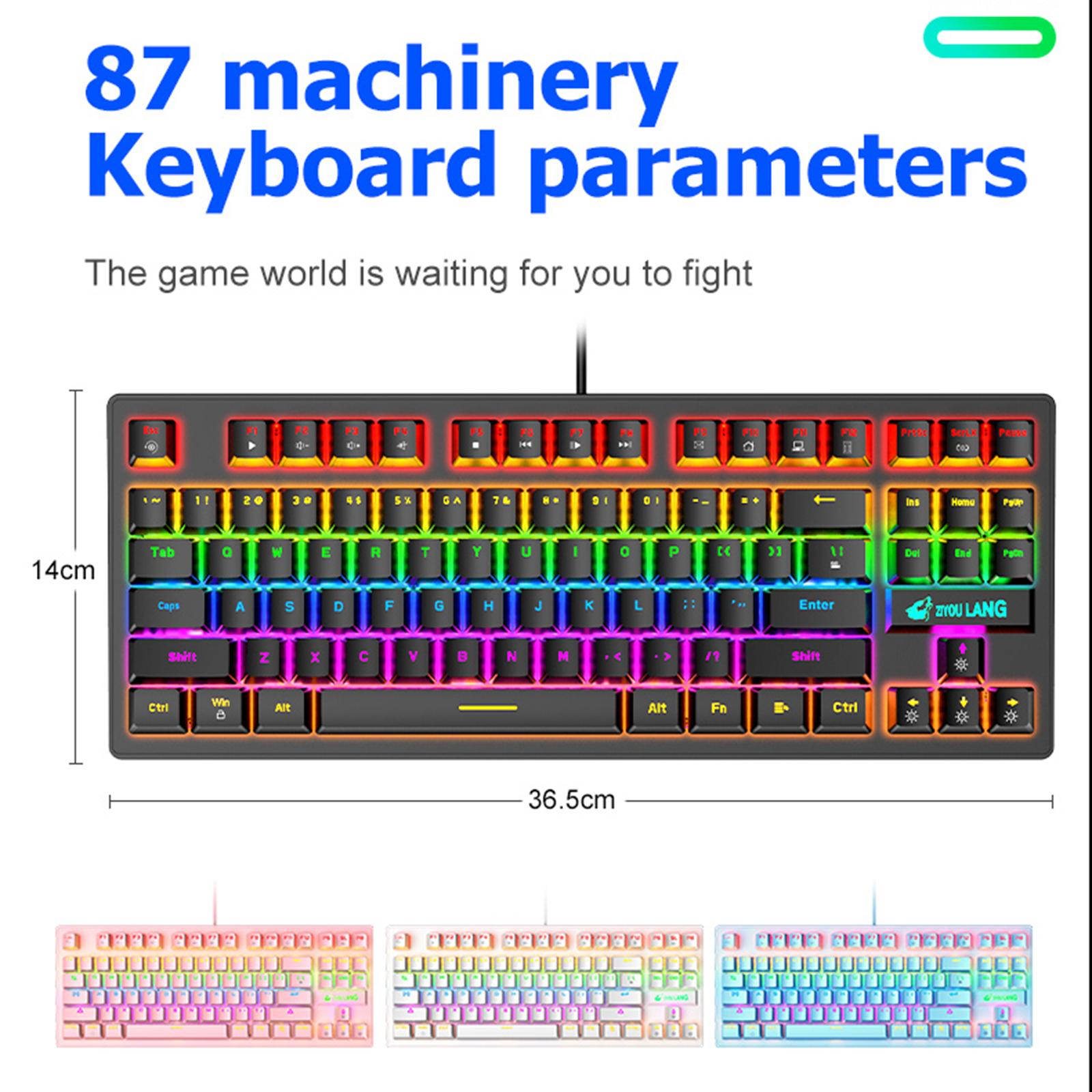 Wired Mechanical Gaming Keyboard Rainbow Backlit Windows Gamer 87 keys white