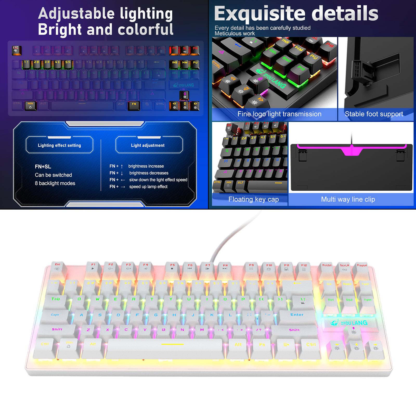 Wired Mechanical Gaming Keyboard Rainbow Backlit Windows Gamer 87 keys white